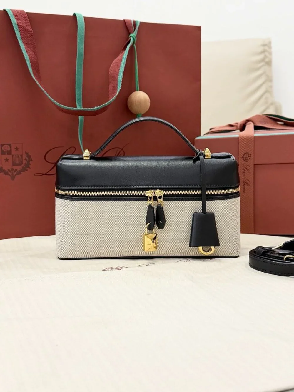 Loro Piana Extra Bag L23 Beige Canvas Black Lambskin Top Handle Crossbody Bag